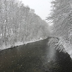 Schneebedeckte Landschaft in Chemnitz mit Fluss