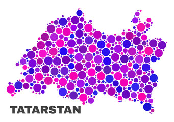 Mosaic Tatarstan map isolated on a white background. Vector geographic abstraction in pink and violet colors. Mosaic of Tatarstan map combined of scattered round items.