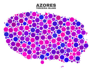 Mosaic Terceira Island map isolated on a white background. Vector geographic abstraction in pink and violet colors. Mosaic of Terceira Island map combined of random circle dots.