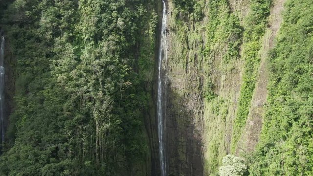Wide aerial, waterfalls at Haleakala National Park in Hawaii