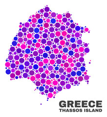 Mosaic Thassos Island map isolated on a white background. Vector geographic abstraction in pink and violet colors. Mosaic of Thassos Island map combined of scattered circle items.