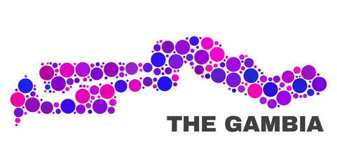 Mosaic The Gambia map isolated on a white background. Vector geographic abstraction in pink and violet colors. Mosaic of The Gambia map combined of random round dots.