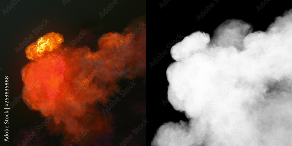 Poster Large explosion with black smoke in dark plus alpha channel. 3d rendering
