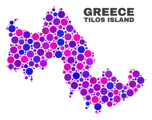 Mosaic Tilos Island map isolated on a white background. Vector geographic abstraction in pink and violet colors. Mosaic of Tilos Island map combined of random spheric dots.