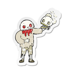 retro distressed sticker of a cartoon zombie holding a skull