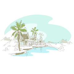 Obraz premium Landscape of the sea and the slopes and palms