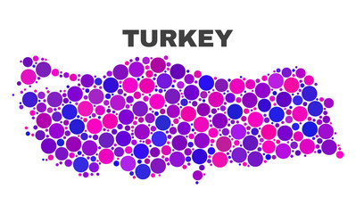 Mosaic Turkey map isolated on a white background. Vector geographic abstraction in pink and violet colors. Mosaic of Turkey map combined of scattered circle items.