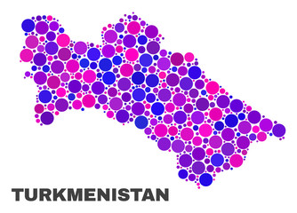 Mosaic Turkmenistan map isolated on a white background. Vector geographic abstraction in pink and violet colors. Mosaic of Turkmenistan map combined of scattered spheric items.