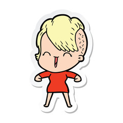 sticker of a cartoon happy hipster girl