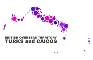 Mosaic Turks and Caicos Islands map isolated on a white background. Vector geographic abstraction in pink and violet colors. Mosaic of Turks and Caicos Islands map combined of scattered round items.