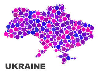 Mosaic Ukraine map isolated on a white background. Vector geographic abstraction in pink and violet colors. Mosaic of Ukraine map combined of random round items.