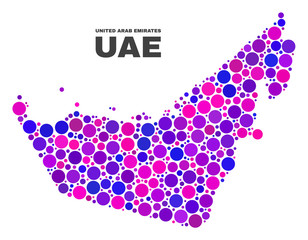 Mosaic United Arab Emirates map isolated on a white background. Vector geographic abstraction in pink and violet colors. Mosaic of United Arab Emirates map combined of scattered spheric dots.