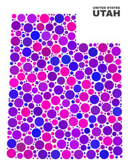 Mosaic Utah State map isolated on a white background. Vector geographic abstraction in pink and violet colors. Mosaic of Utah State map combined of scattered round items.