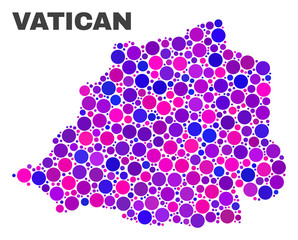 Mosaic Vatican map isolated on a white background. Vector geographic abstraction in pink and violet colors. Mosaic of Vatican map combined of random spheric points.