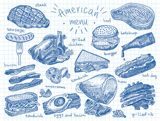 American menu, snack, ham, cheese, steak, hamburger, mushroom, bread, ribs, burger, fastfood, sandwich, grill, chicken, eggs, sausage, bacon, ketchup, fries - 253637034