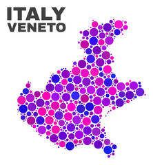 Mosaic Veneto region map isolated on a white background. Vector geographic abstraction in pink and violet colors. Mosaic of Veneto region map combined of scattered round dots.