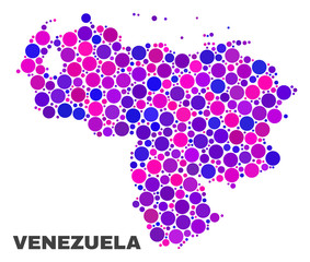 Mosaic Venezuela map isolated on a white background. Vector geographic abstraction in pink and violet colors. Mosaic of Venezuela map combined of scattered round points.