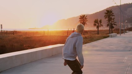Amazing epic inspirational shot of young cool hipster millennial skateboarder ride into orange sunset on beautiful empty palm beach, california summer vibes, wanderlust adventure mood - Powered by Adobe