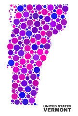 Mosaic Vermont State map isolated on a white background. Vector geographic abstraction in pink and violet colors. Mosaic of Vermont State map combined of random circle elements.