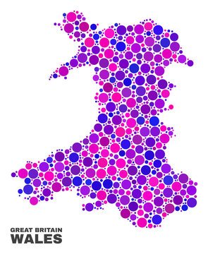 Mosaic Wales map isolated on a white background. Vector geographic abstraction in pink and violet colors. Mosaic of Wales map combined of scattered round items.