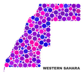 Mosaic Western Sahara map isolated on a white background. Vector geographic abstraction in pink and violet colors. Mosaic of Western Sahara map combined of scattered circle elements.