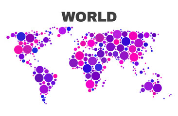 Fototapeta premium Mosaic World map isolated on a white background. Vector geographic abstraction in pink and violet colors. Mosaic of World map combined of scattered spheric elements.
