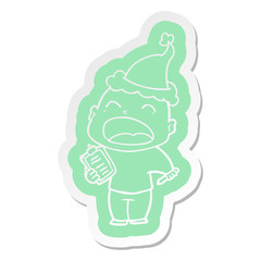 cartoon  sticker of a shouting bald man wearing santa hat