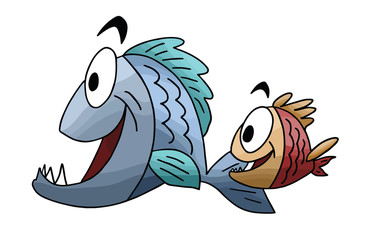 Cartoon fish, father and son swimming vector illustration