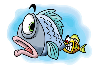 Naughty little cartoon fish biting his mother's tail vector illustration