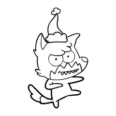 line drawing of a grinning fox wearing santa hat