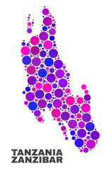 Mosaic Zanzibar Island map isolated on a white background. Vector geographic abstraction in pink and violet colors. Mosaic of Zanzibar Island map combined of scattered spheric elements.