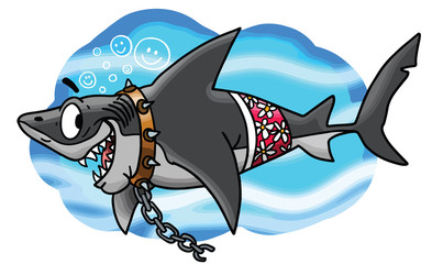 Cartoon great white shark brakes free from his chains vector illustration