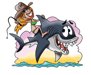 Cartoon blond girl riding a great white shark vector illustration