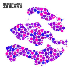 Mosaic Zeeland Province map isolated on a white background. Vector geographic abstraction in pink and violet colors. Mosaic of Zeeland Province map combined of random spheric points.