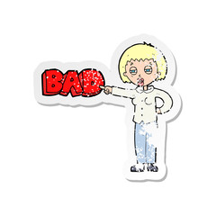 retro distressed sticker of a cartoon woman judging