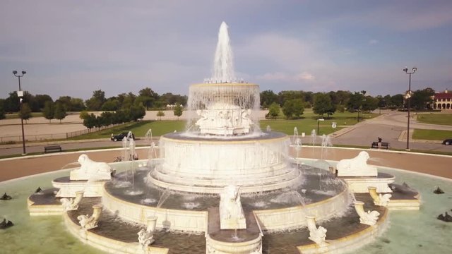 Aerial, memorial fountain in Detroit, Michigan