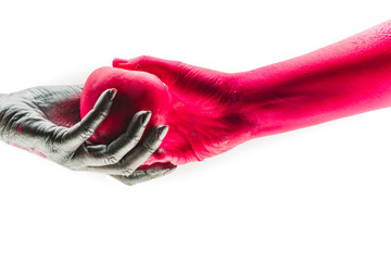 Generosity. Endowment Grantor Philanthropy Generosity Giving. The concept of generosity. Apple in colored hands. Diversity, difference and mutual support