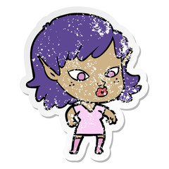 distressed sticker of a pretty cartoon elf girl