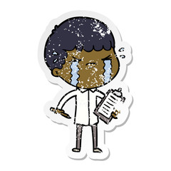 distressed sticker of a cartoon man crying