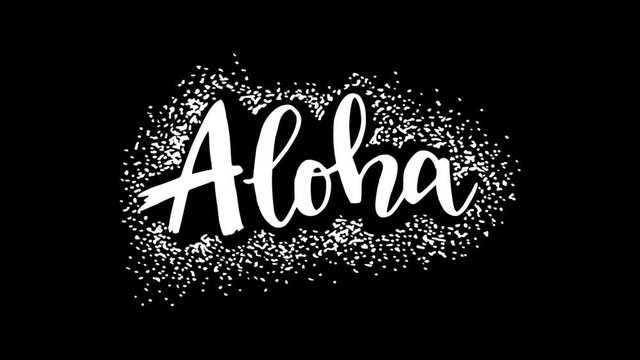 Aloha animated handwritten lettering word surrounded by sand grains. Motion graphic handwriting beach theme on transparent background. 2d Hawaiian welcoming phase for summer video, ecard, photo cover