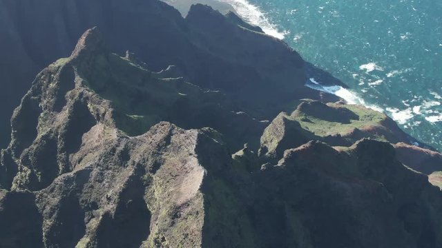 Aerial, view of mountaintop in Na Pali Coast State Park in Hawaii