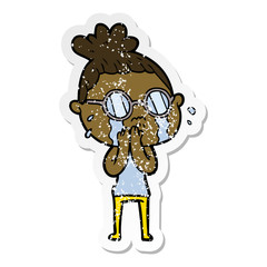 distressed sticker of a cartoon crying woman wearing spectacles