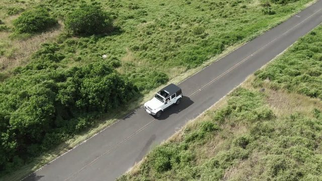 Car travels on Hawaiian road, aerial view