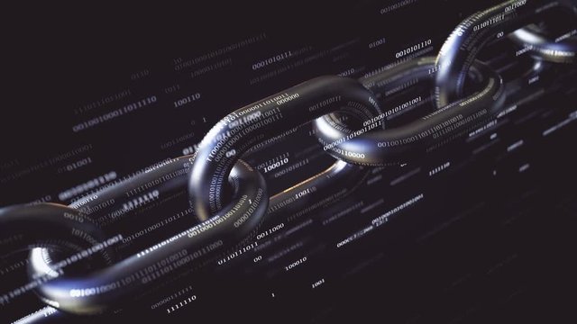 Chain links and flying binary numbers. Blockchain technology related loopable animation