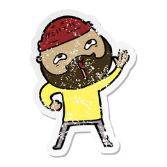 distressed sticker of a cartoon happy bearded man