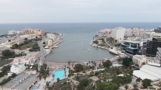 Aerial, waterfront city in Malta