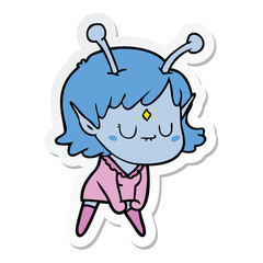 sticker of a cartoon alien girl doing muscle pose