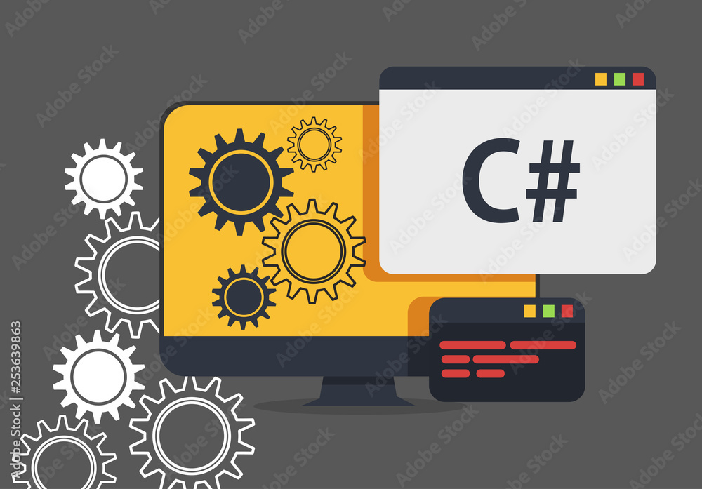 Poster pc monitor with gears and  c# or c sharp programing languag pop up