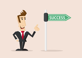 Happy Businessman is standing next to success road sign