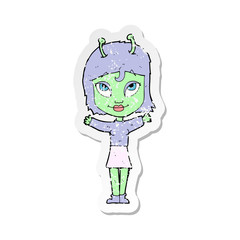 retro distressed sticker of a cartoon alien girl